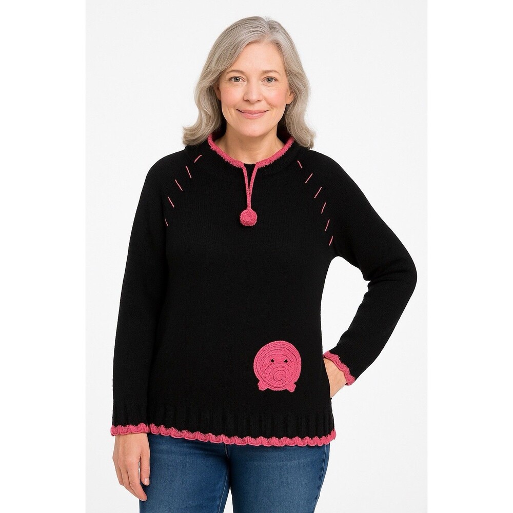 Quacker Factory Pig Quarter-Zip Sweater Black/Pink Cotton Womens XS bust 20" ptp